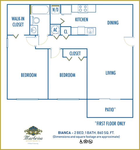 Floor plan for 2 beds, 1 bath, 860 sqft