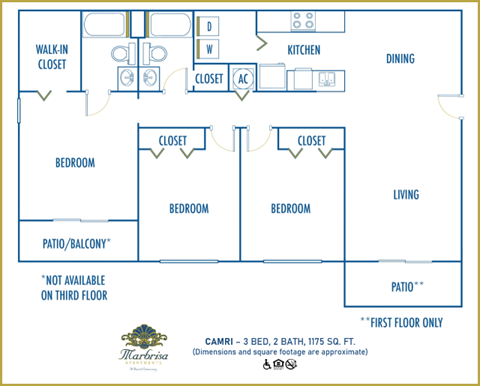 Floor plan for 3 beds, 2 baths, 1175 sqft
