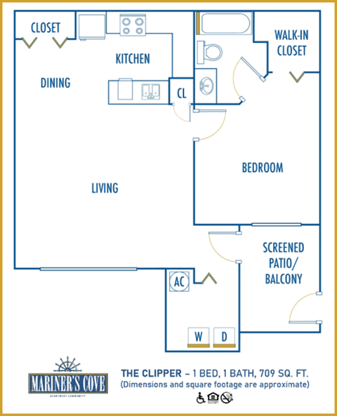 Floor plan for 1 bed, 1 bath, 709 sqft