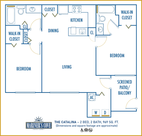 Floor plan for 2 beds, 2 baths, 969 sqft