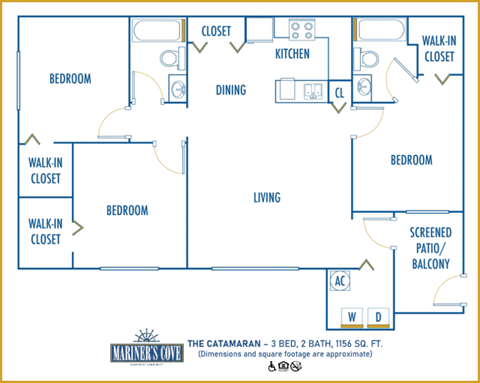 Floor plan for 3 beds, 2 baths, 1156 sqft
