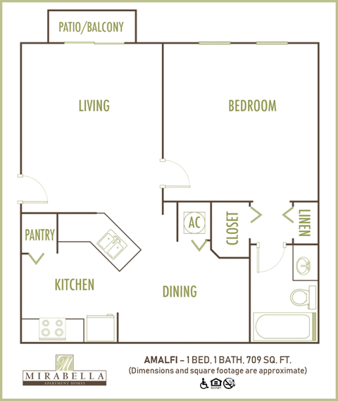 Floor plan for 1 bed, 1 bath, 700 sqft