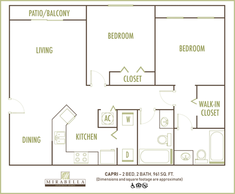 Floor plan for 2 beds, 2 baths, 921 sqft