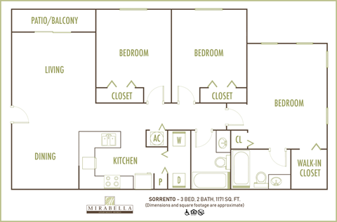 Floor plan for 3 beds, 2 baths, 1133 sqft