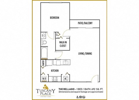 Floor plan for 1 bed, 1 bath, 692 sqft
