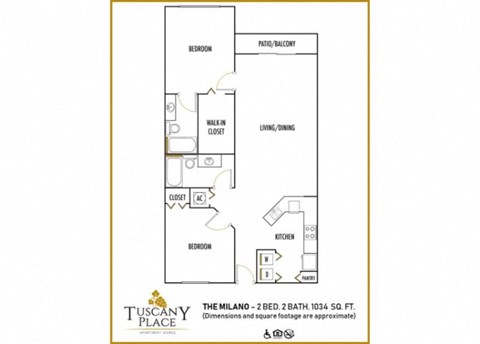 Floor plan for 2 beds, 2 baths, 1034 sqft
