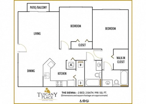 Floor plan for 2 beds, 2 baths, 997 sqft