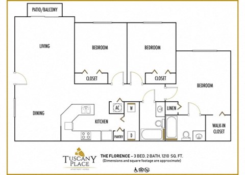 Floor plan for 3 beds, 2 baths, 1210 sqft