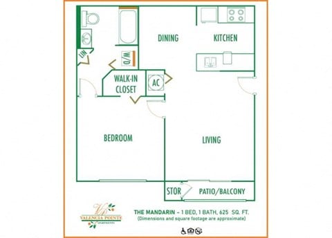 Floor plan for 1 bed, 1 bath, 625 sqft