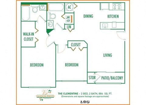 Floor plan for 2 beds, 2 baths, 884 sqft