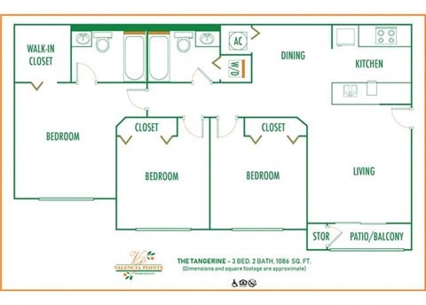 Floor plan for 3 beds, 2 baths, 1048 sqft