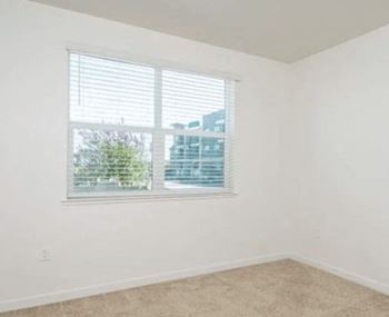 A bedroom with a large window and a carpeted floor