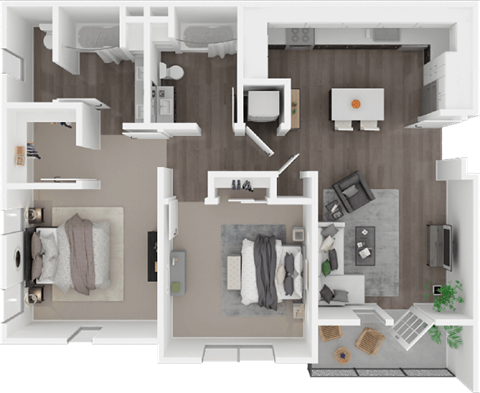 Floor plan for 2 beds, 2 baths, 1077 sqft