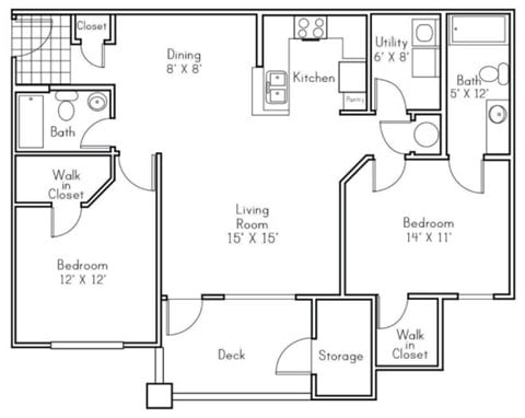 Floor plan for 2 beds, 2 baths, 1095 sqft