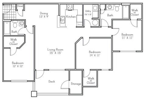 Floor plan for 3 beds, 2 baths, 1294 sqft