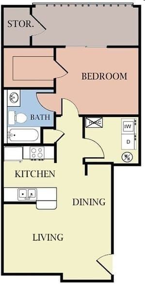 Floor plan for 1 bed, 1 bath, 655 sqft
