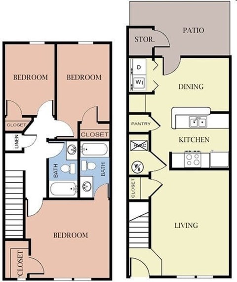 Floor plan for 3 beds, 2 baths, 1332 sqft