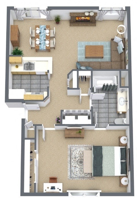 Floor plan for 1 bed, 1 bath, 836 sqft