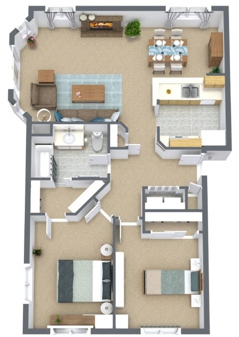 Floor plan for 2 beds, 1 bath, 987 sqft