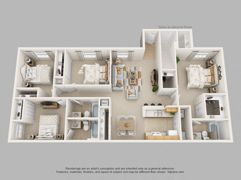 Floor plan for 4 beds, 3 baths, 1454 sqft
