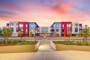 Menlo Park apartment for rent - a rendering of an apartment complex with a sunset in the background