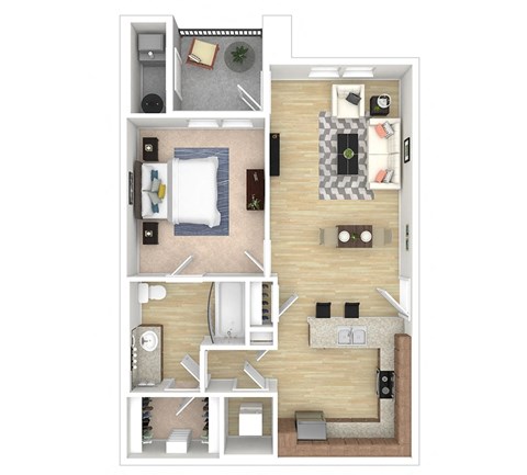 Floor plan for 1 bed, 1 bath, 743 sqft