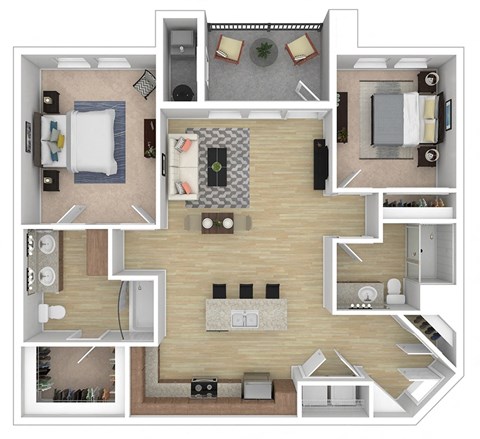 Floor plan for 2 beds, 2 baths, 1076 sqft