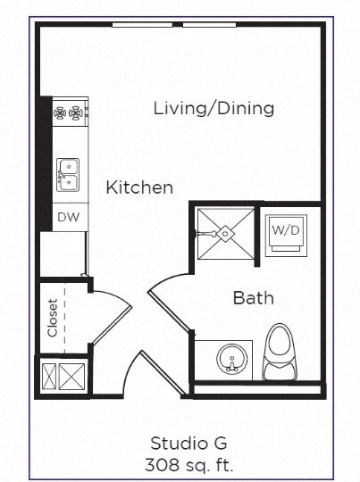 Floor plan for studio, 1 bath, 308 sqft