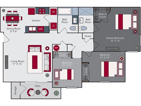 Floor plan for 3 beds, 2 baths, 1374 sqft