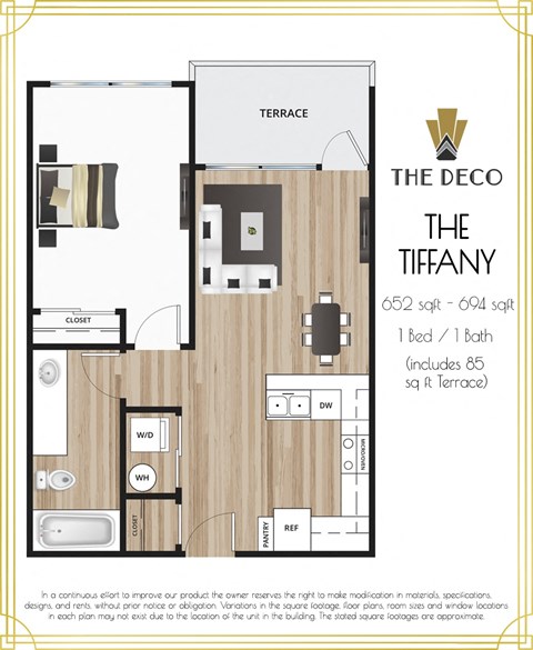 Floor plan for 1 bed, 1 bath, 609 sqft