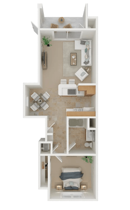 Floor plan for 1 bed, 1 bath, 601 sqft