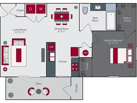 Floor plan for 1 bed, 1 bath, 740 sqft