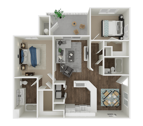 Floor plan for 2 beds, 2 baths, 1129 sqft