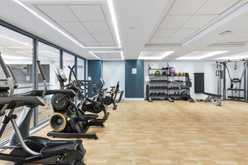 A gym with treadmills, elliptical machines, and other exercise equipment.