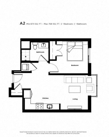 Floor plan for 1 bed, 1 bath, 699 sqft