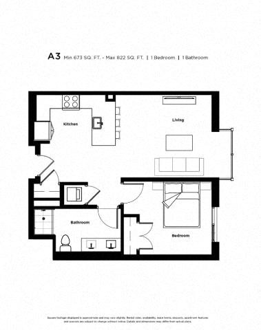 Floor plan for 1 bed, 1 bath, 751 sqft