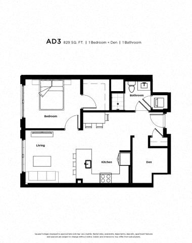 Floor plan for 1 bed, 1 bath, 829 sqft