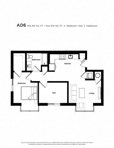 Floor plan for 1 bed, 1 bath, 876 sqft