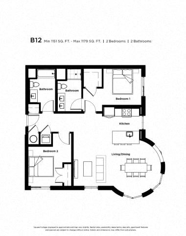 Floor plan for 2 beds, 2 baths, 1179 sqft