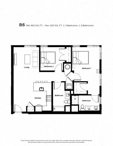 Floor plan for 2 beds, 2 baths, 1175 sqft