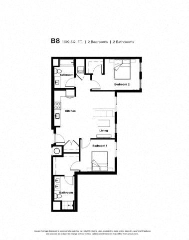 Floor plan for 2 beds, 2 baths, 1109 sqft