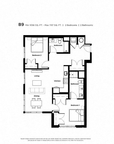 Floor plan for 2 beds, 2 baths, 1056 sqft