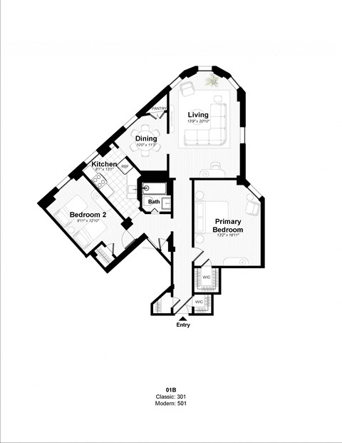 Floor plan for 2 beds, 1 bath, 1125 sqft