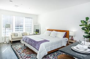 Raleigh apartment for rent - Modern Studio Apartments in Warehouse District, Raleigh, NC - The L Apartments - A Bedroom With A Large Bed, Sofa Seating, Colorful Area Rug, Bedside Lamps, and a Standing Mirror.