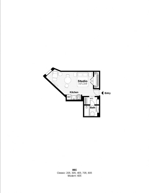 Floor plan for studio, 1 bath, 309 sqft