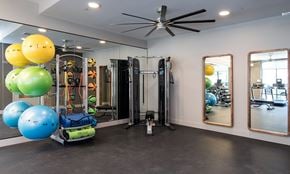 Oakland apartment for rent - A gym with a variety of equipment including a treadmill, exercise balls, and mirrors.