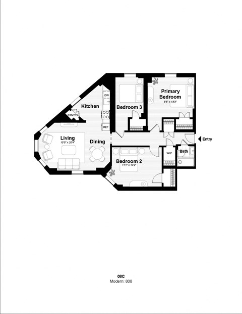 Floor plan for 3 beds, 1 bath, 1125 sqft