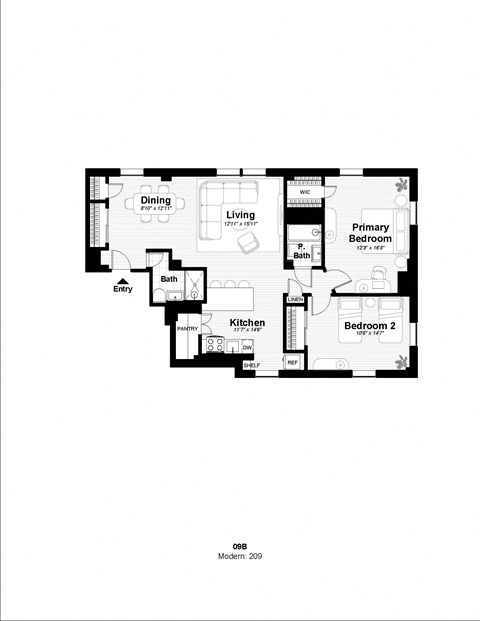 Floor plan for 2 beds, 2 baths, 1060 sqft