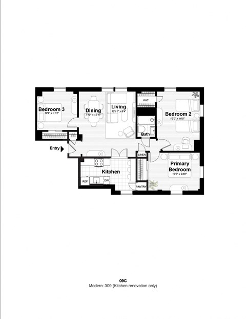 Floor plan for 3 beds, 1 bath, 1062 sqft