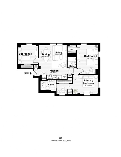 Floor plan for 3 beds, 2 baths, 1062 sqft